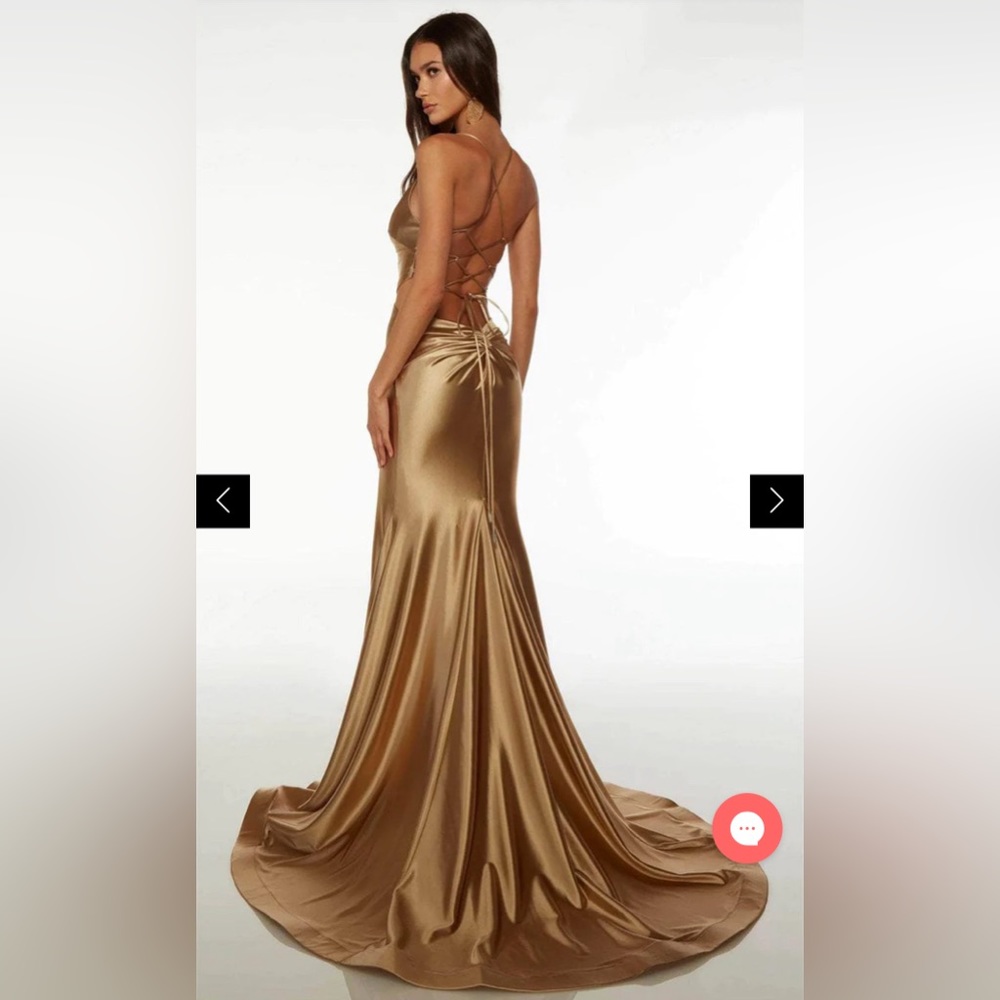 Gold satin dress with strappy back and rhinestones on the ties, low back